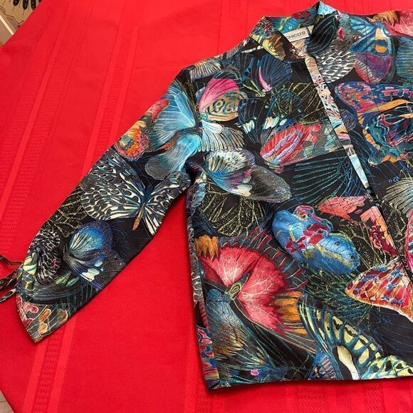Chico's Bold Butterfly Print Open 3/4 Tie Sleeve 100% Silk Jacket Sz 0 US Small - Picture 11 of 13
